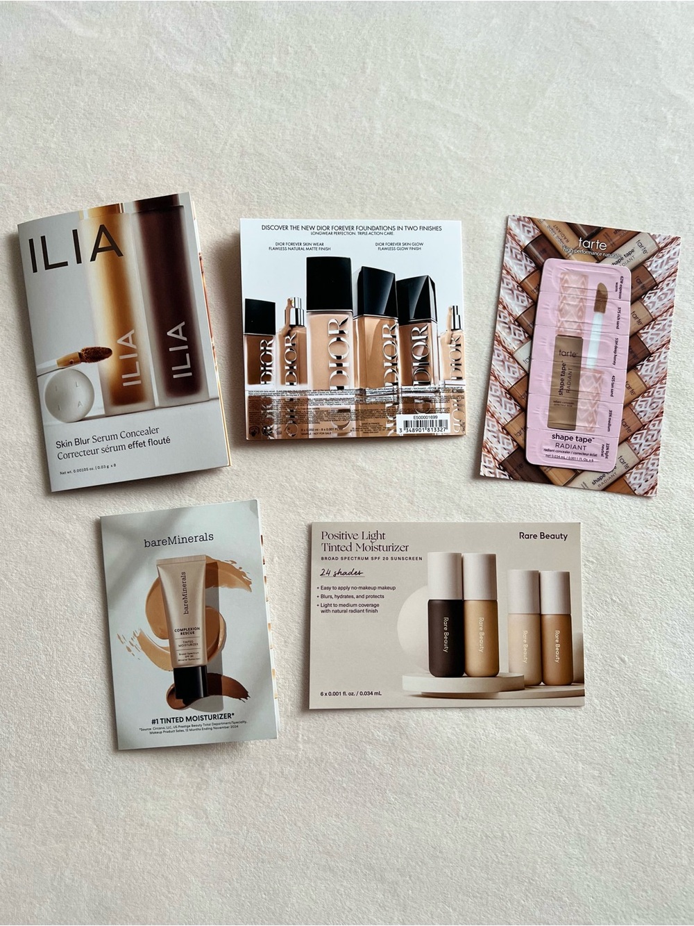 5 Piece Makeup Sample Cards (Dior, Ilia, Tarte, Bare Minerals, Rare Beauty)